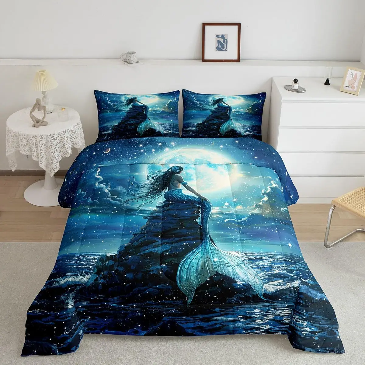 

3D комплект одеял «Русалка», размер королевы, комплект постельного белья «Морская Луна, звездное небо», декор комнаты для мальчиков и девочек, роскошная мода, мягкая микрофибра