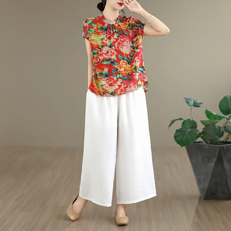 

Korean Style plus Size Women's Summer New Print Top Casual Pants Two-Piece Set High End Cotton Linen Suit Commute Artistic