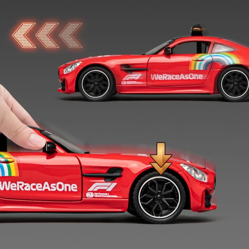 รถโมเดลอัลลอย AMG GT F1 Safety Car ขนาด 1:24 พร้อมเสียงและไฟ ของเล่นรถแบบดึงหลัง ของสะสมสำหรับเด็กผู้ชาย ของตกแต่ง ของขวัญ