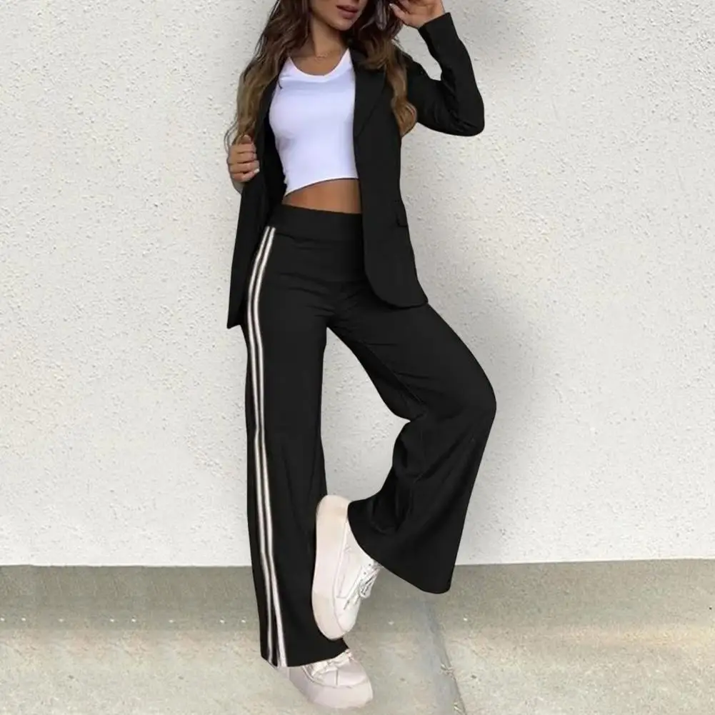 Lady Formal Coat Pants Set Turn-down Collar Long Sleeves Jacket Loose Striped Wide Leg Slit Trousers Casual Daily Wear Outfit