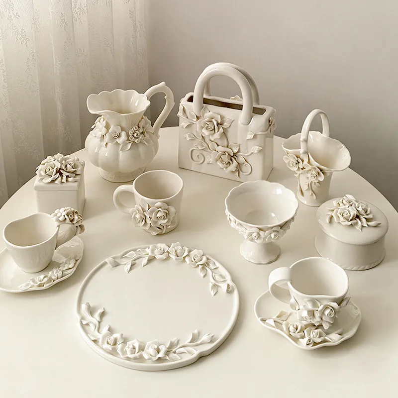 Embossed camellia ceramic vase ornament household high-value jewelry decorative jar display plate