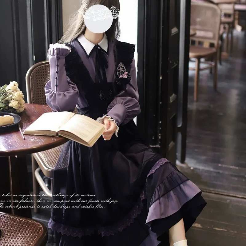 빅토리아 고딕 로리타 Jsk 드레스 여성 할로윈 Y2k 박쥐 칼라 셔츠 모직 공주 드레스 빈티지 펑크 하라주쿠 파티 드레스