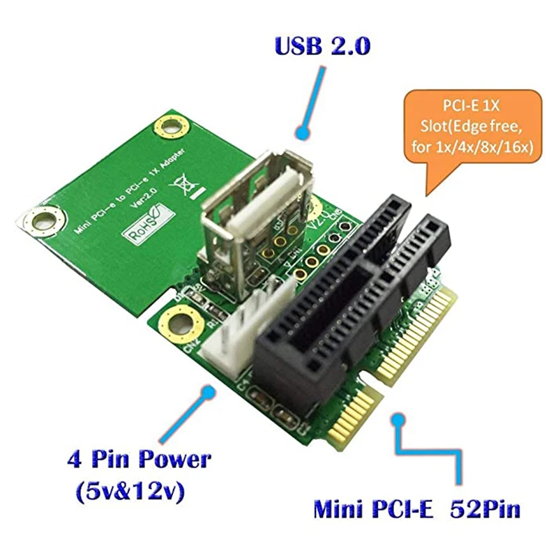 Mini PCI E to Pci Express 1X Riser Card with USB Interface Adapter 4Pin Power Supply Supports Full Height Half Height