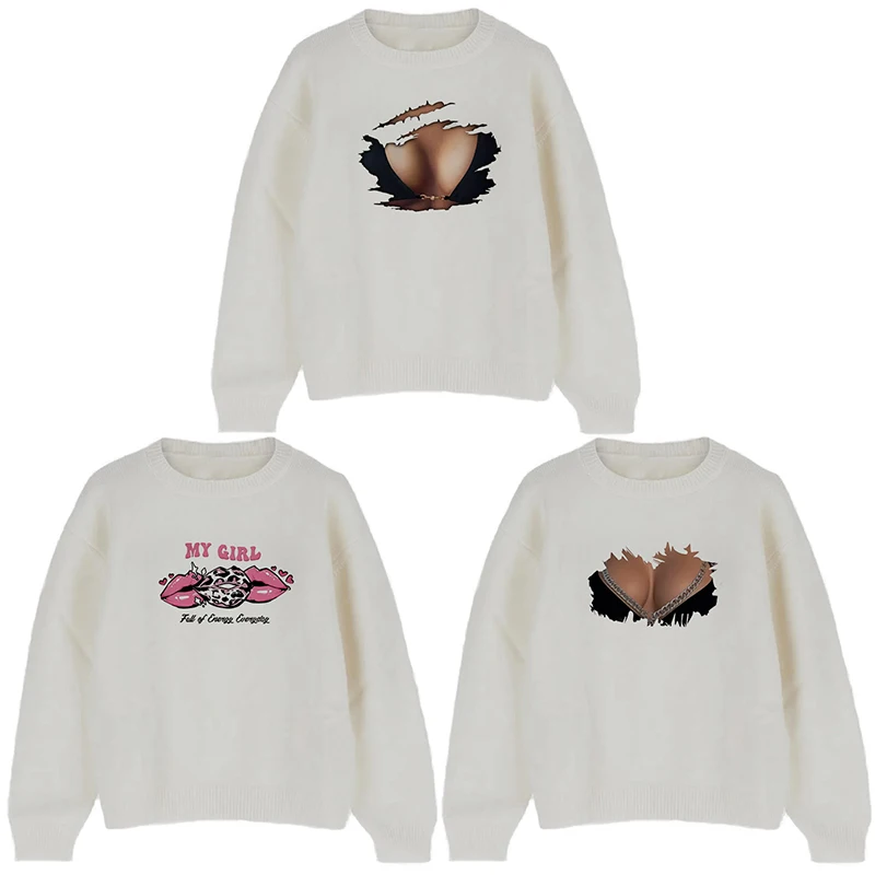 

Y2K милые свитера, новый осенне-зимний свитер в стиле Харадзюку, женский сексуальный модный 3D груди с принтом губ и круглым вырезом, вязаный свободный пуловер большого размера