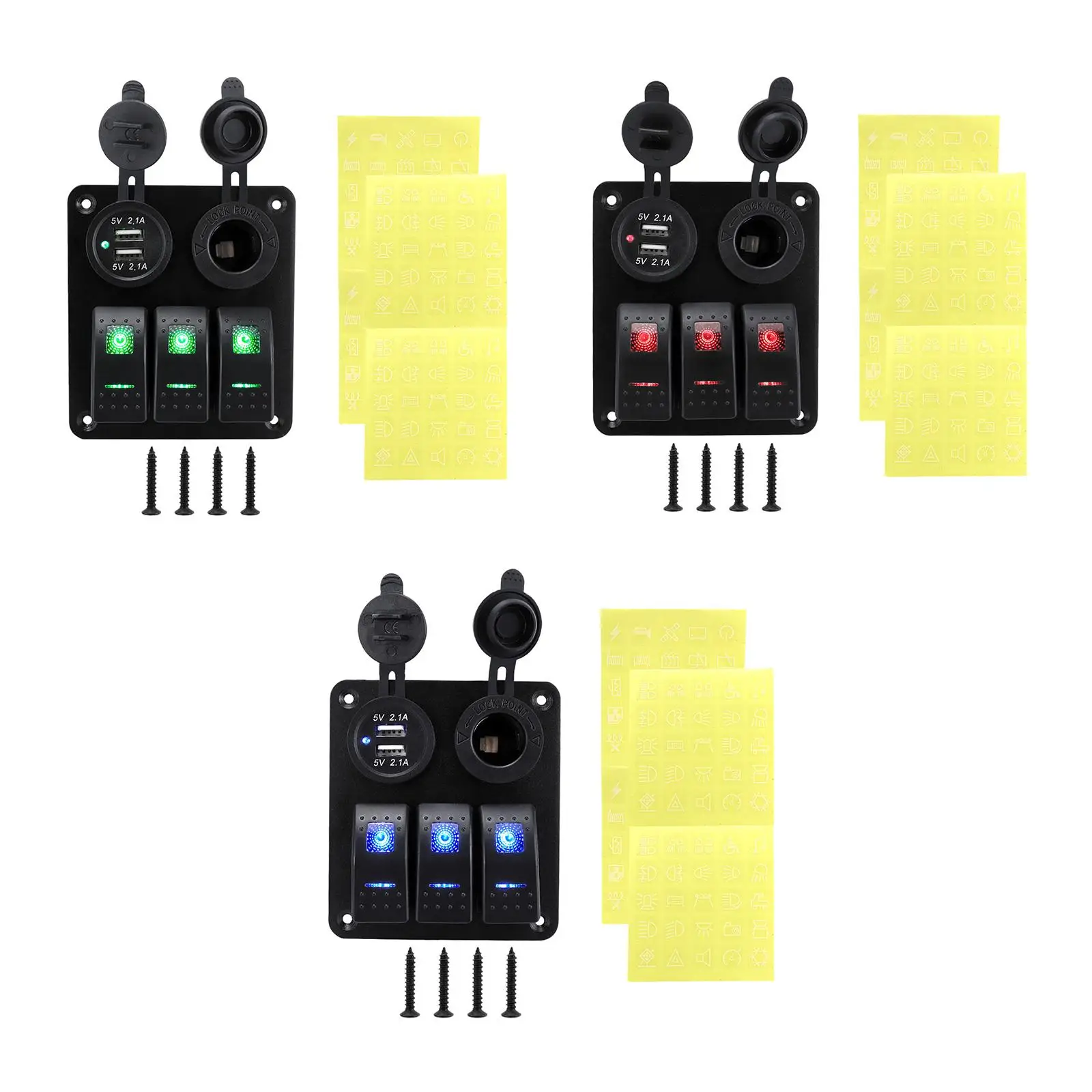 Universal 3 Gang Rocker Switch Panel with Cigarette Lighter Socket Easy to Install 12V 24V DC for Vehicle Car RV Marine Boat