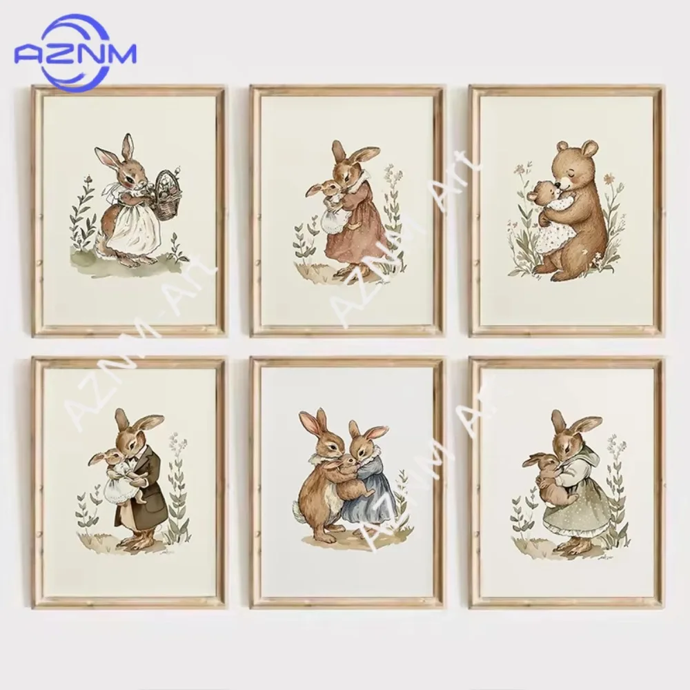 1PC ，Antique Cartoon Mom and Bunny Canvas Print Rabbit Bear Animal Fairy Tale Nursery Wall Art Poster Picture Family Farmhouse
