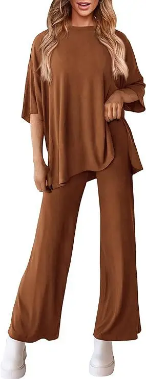 Set Kasual Wanita Atasan Lengan Pendek Kerah Bulat Celana Kaki Lebar Untuk Set Olahraga Musim Panas Musim Semi Musim Gugur