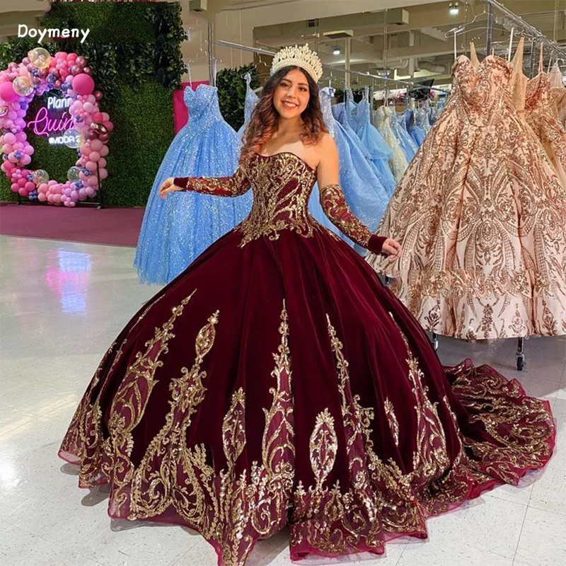 Doymeny aksamitne sukienka na Quinceanera kochanie aplikacje do podłogi piłka suknia wieczorowa specjalne suknia wieczorowa vestidos de 15 quinceañera