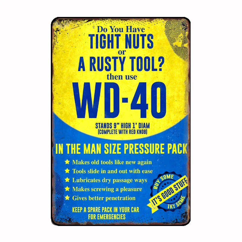 Vintage Retro WD40 Spray Garage Tools Metal Sign Mural Painting Customize Kitchen Tin Sign Posters Room Wall Decoration