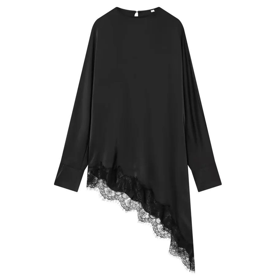 

Asymmetrical Lace Shirt Women's Spring and Autumn Top Fashion Loose Black Shirt European and American Style Shirt