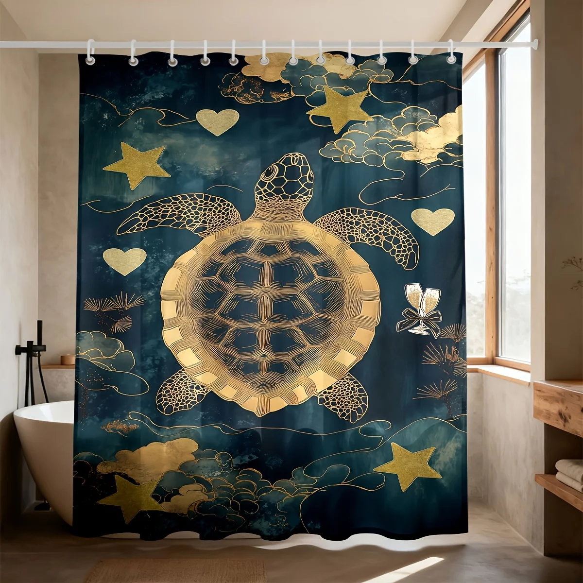 Luxury Gold Sea Turtle Shower Curtain Waterproof Bathroom Decor Nautical Ocean Marine Life Art Panel 90x180cm Teal Aesthetic