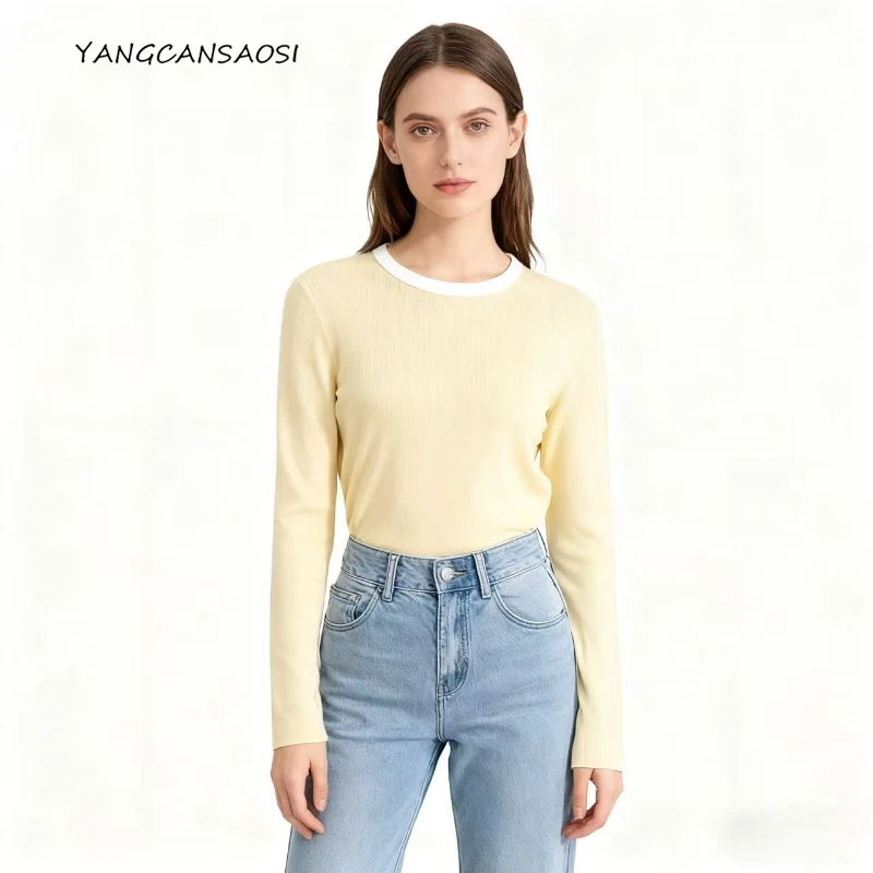 

Контрастный цвет, простой модный вязаный свитер с круглым вырезом, нежная повседневная свободная рубашка с длинными рукавами для поездок на работу