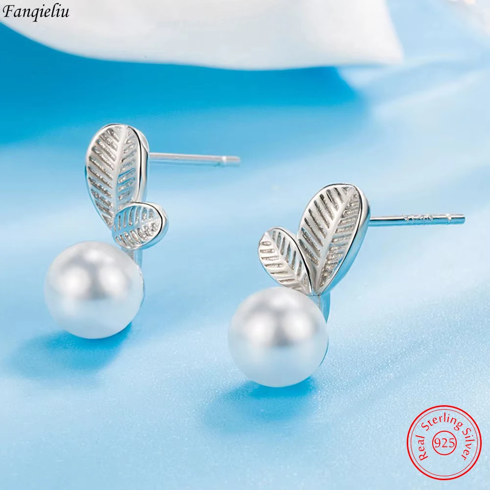 

Solid 925 Sterling Silver Jewelry New Original Fashion Leaf Pearl Stud Earrings For Women FQL22056