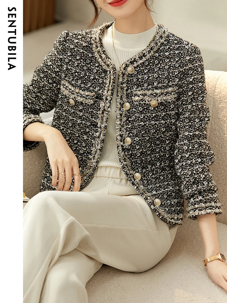 SENTUBILA Texture Tweed Jackets for Women 2024 Spring Elegant Fashion Long Sleeve Single Breasted Short Coats Ladies Outwears