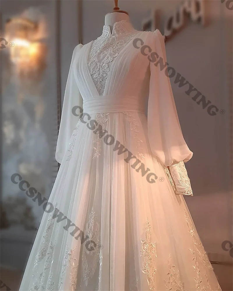 Elegante tule apliques de manga longa vestidos de casamento a linha alta pescoço vestido de noiva das mulheres pérolas árabe dubai vestidos de novia