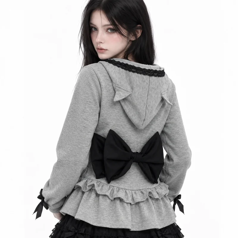 Autumn Winter Women Y2K Zip Up Hoodie Devil Horn Detail Large Back Bow Lace Trim Ruffle Hem Kawaii Goth Streetwear