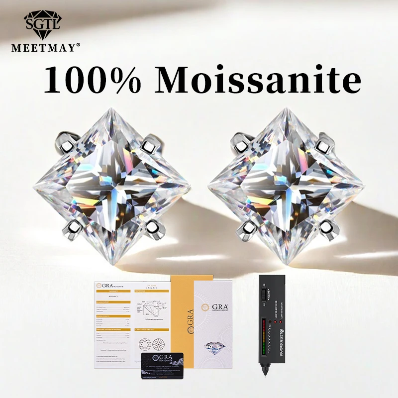 

S925 silver Platinum plating inset white Princess cut GRA Moissanite earrings for women fine jewelry simple fashion daily wear