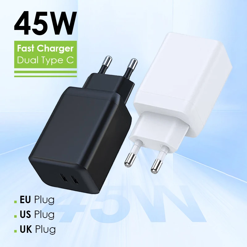 

Адаптер питания GaN, 45 Вт, USB Type C, быстрое зарядное устройство для iPhone 17 16 15 14 Pro Max, ЕС, США, Великобритания, вилка для быстрой зарядки, двойной USB C для Macbook