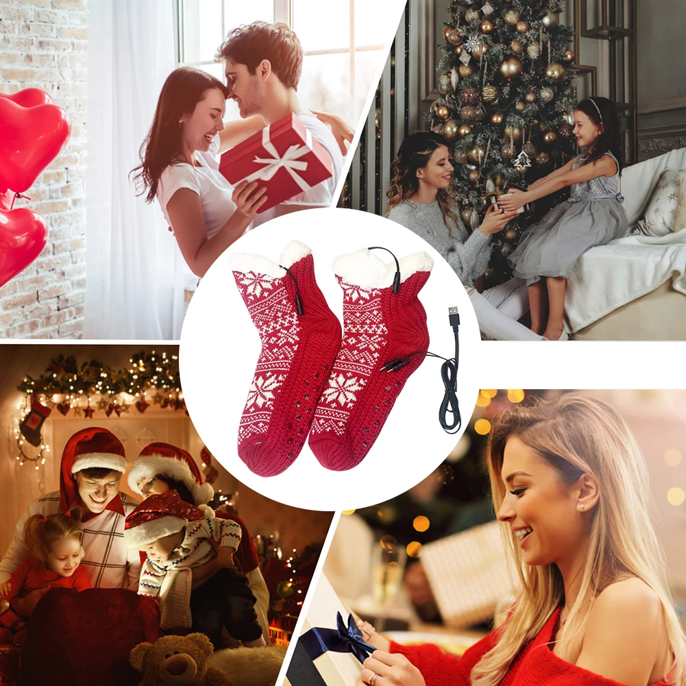 USB-beheizte weiche Stricksocken, rutschfeste, flauschige Slipper-Socken, Plüsch-Bodensocken, gemütliche Bett-Hausschuhe für Zuhause und Innenbereich