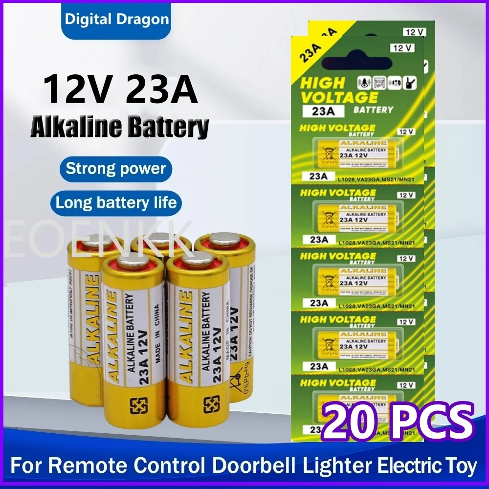 20PCS 12V 23A Alkaline Battery A23 23GA A23S E23A EL12 MN21 MS21 V23GA L1028 GP23A LRV08 For Remote Control Doorbell Dry Cell