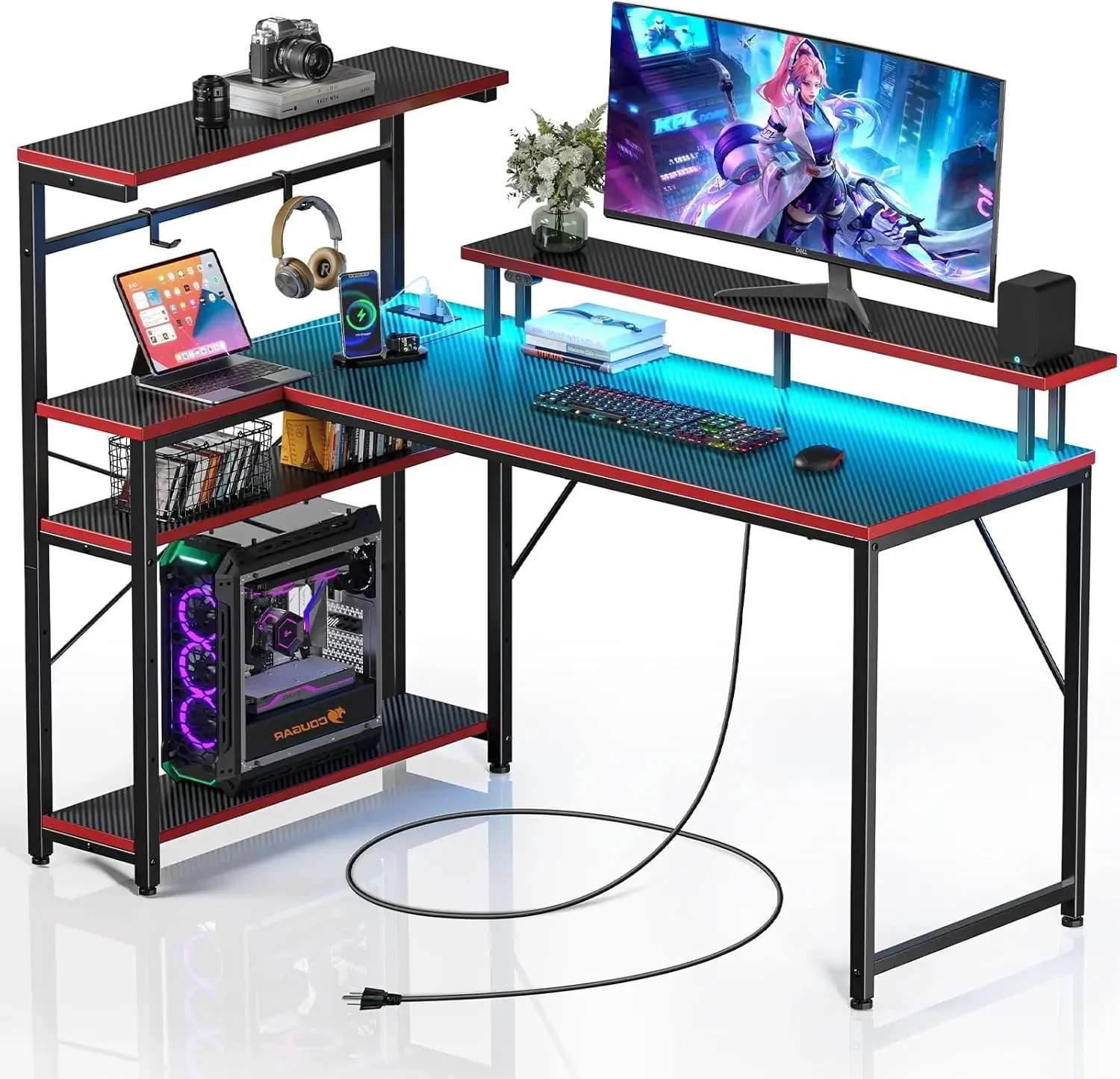 Gaming Desk with Power Outlet and LED Light, Reversible Small Desk with Monitor Stand, 4 Tiers Shelves and Hooks, 39