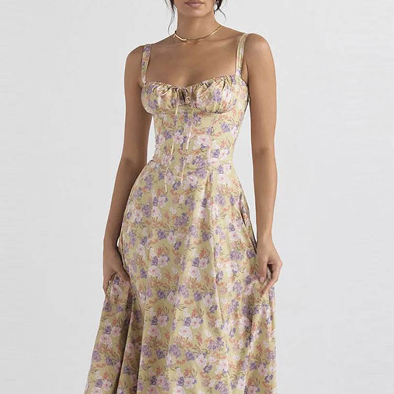 Sommerkleid für Damen mit Blumenmuster, langem Schnitt, verstellbaren Trägern, Midi-Korsett, Urlaubs- und Strandkleid, fließend, mit Schlitz und Schnürung, für Ausgeh-Anlässe – Detail 6