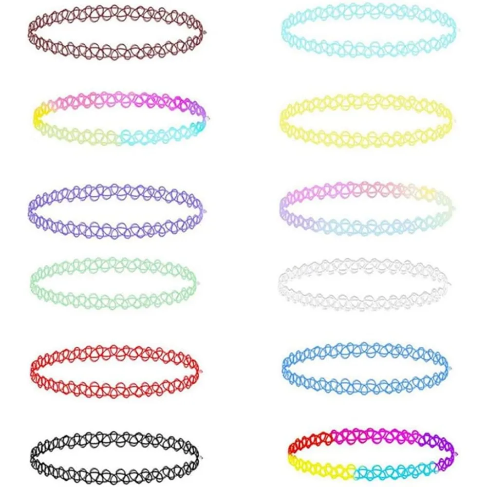 Choker-Halsketten-Set, 12-teilig, Halskette, Elastisch, Dehnbar, Neon-Kragen, Gothic-Kragen, Schmuck, Damen, Mädchen, Bunt