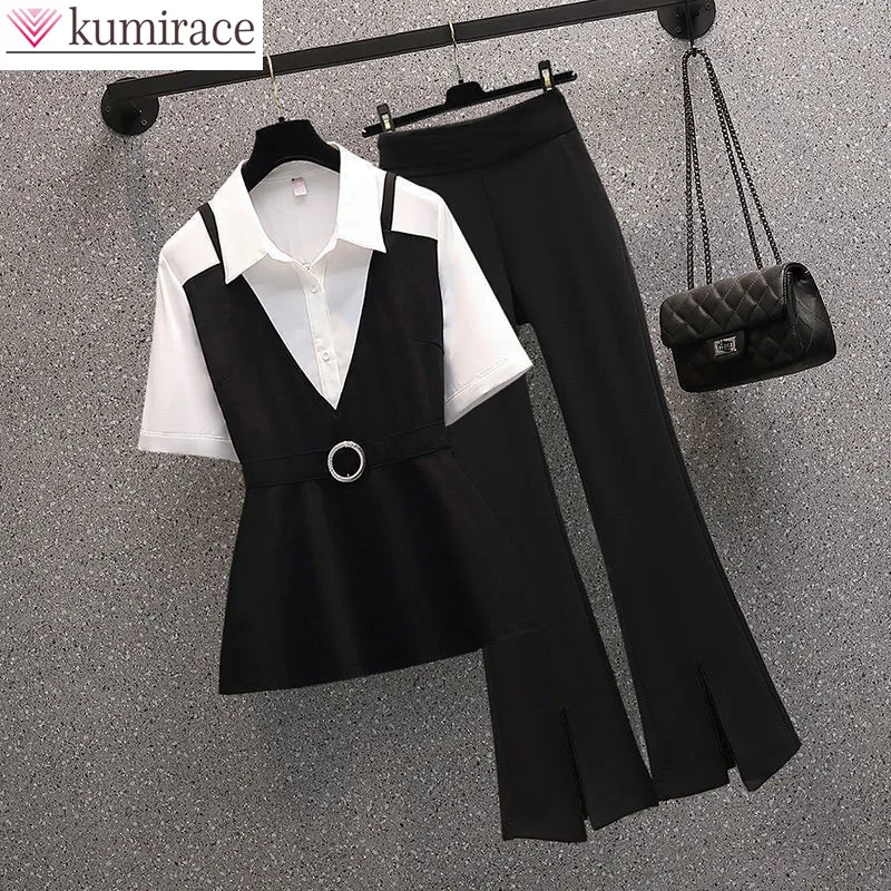 

New Professional Shirt Suit Fashionable Women's Personalized Splicing Shirt Flared Trousers Two-piece Office Casual Work Clothes