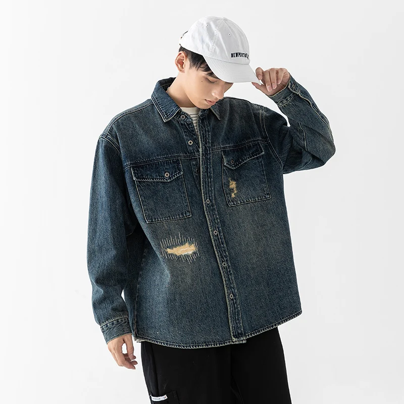 

Мужская джинсовая рубашка в стиле ретро с длинным рукавом, винтажный дизайн с дырками, повседневная свободная рабочая куртка, весенне-осенняя модная одежда