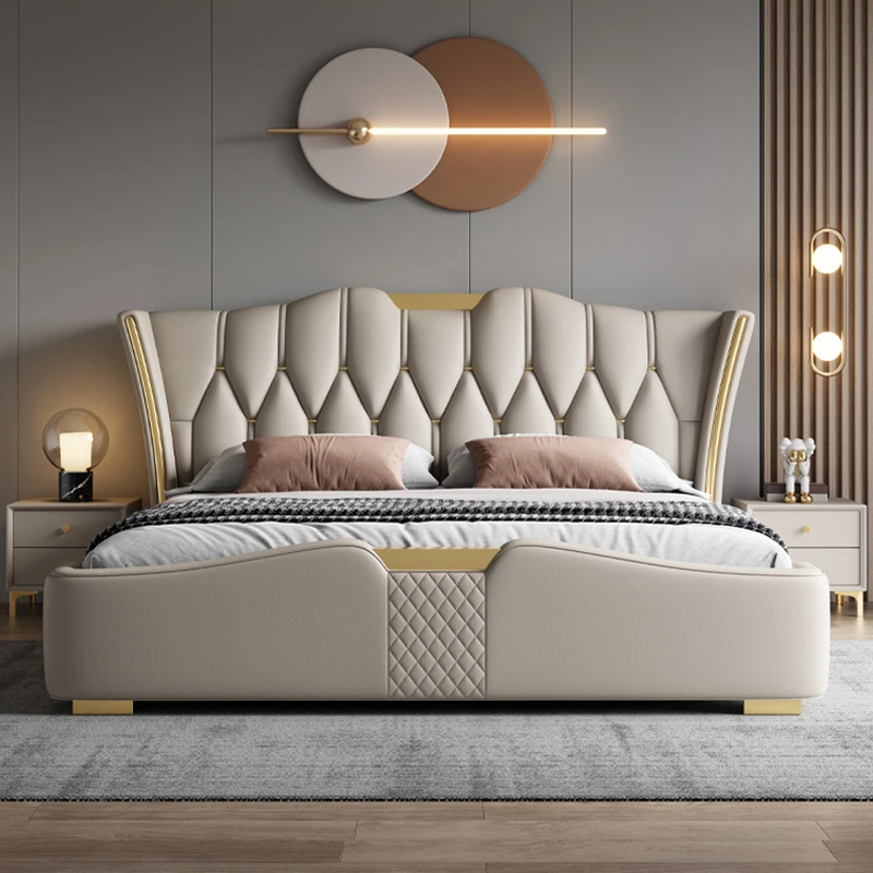 Leather European Double Bed Base Wrap Designer Modern Headboard Twin Bed Frame Girl Storage Safe Cama De Casal Furniture