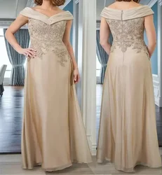 2024 Elegant Champagne V Neck Mother of The Bride Dresses Dresses Off Shoulder Floor Length Wedding Party Chiffon with Lace Appl