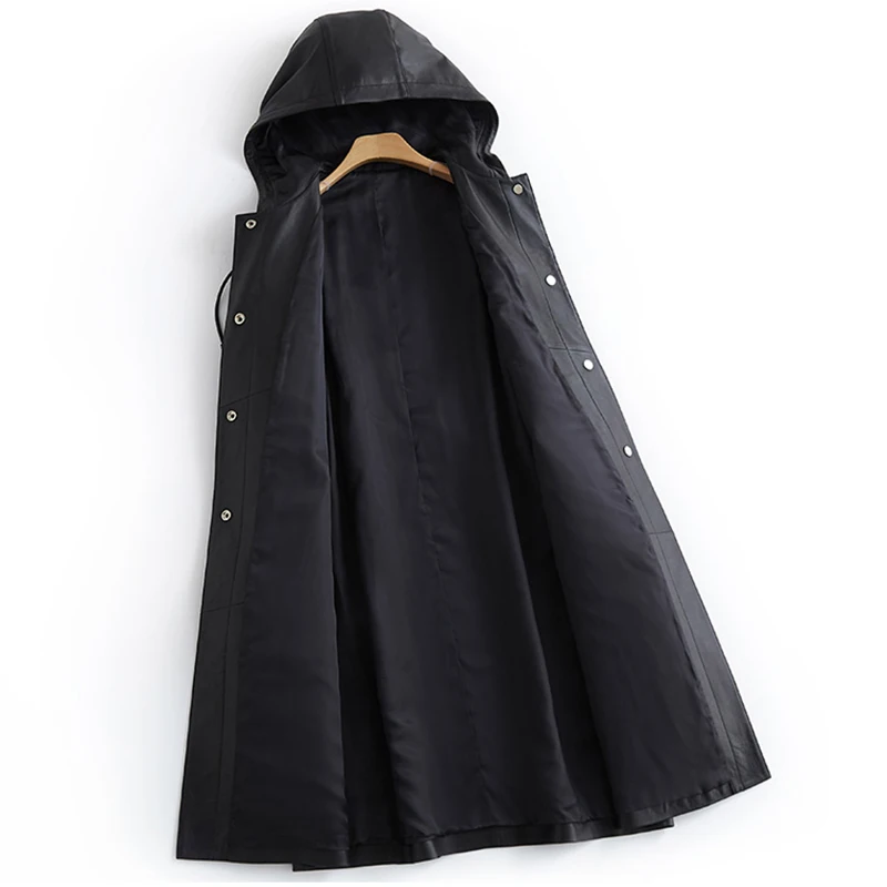 Gabardina larga de cuero sintético para mujer, abrigo impermeable de manga larga con capucha y cinturón, color negro, para primavera y otoño, 2024