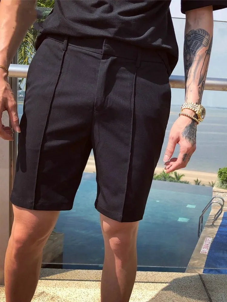 Summer Mens Business Casual Slim Fit Knee Length Suits Shorts Breathable Trousers Male Korean Style Straight Shorts Solid Color