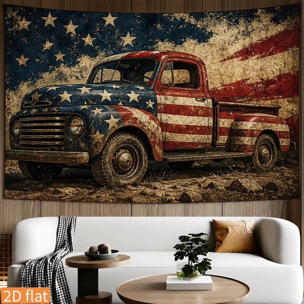 Vintage American Flag Pickup Truck Patriotic Rustic 2D Flat Tapestry Backdrop For Garage Decor USA Theme Wall Hanging Art