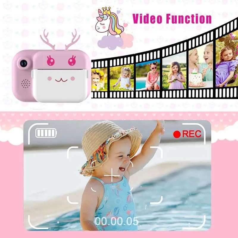 Cámara de impresión instantánea con diseño de ciervo lindo, cámara digital HD recargable por USB 1080P con papel de impresión, regalo de cumpleaños para niños