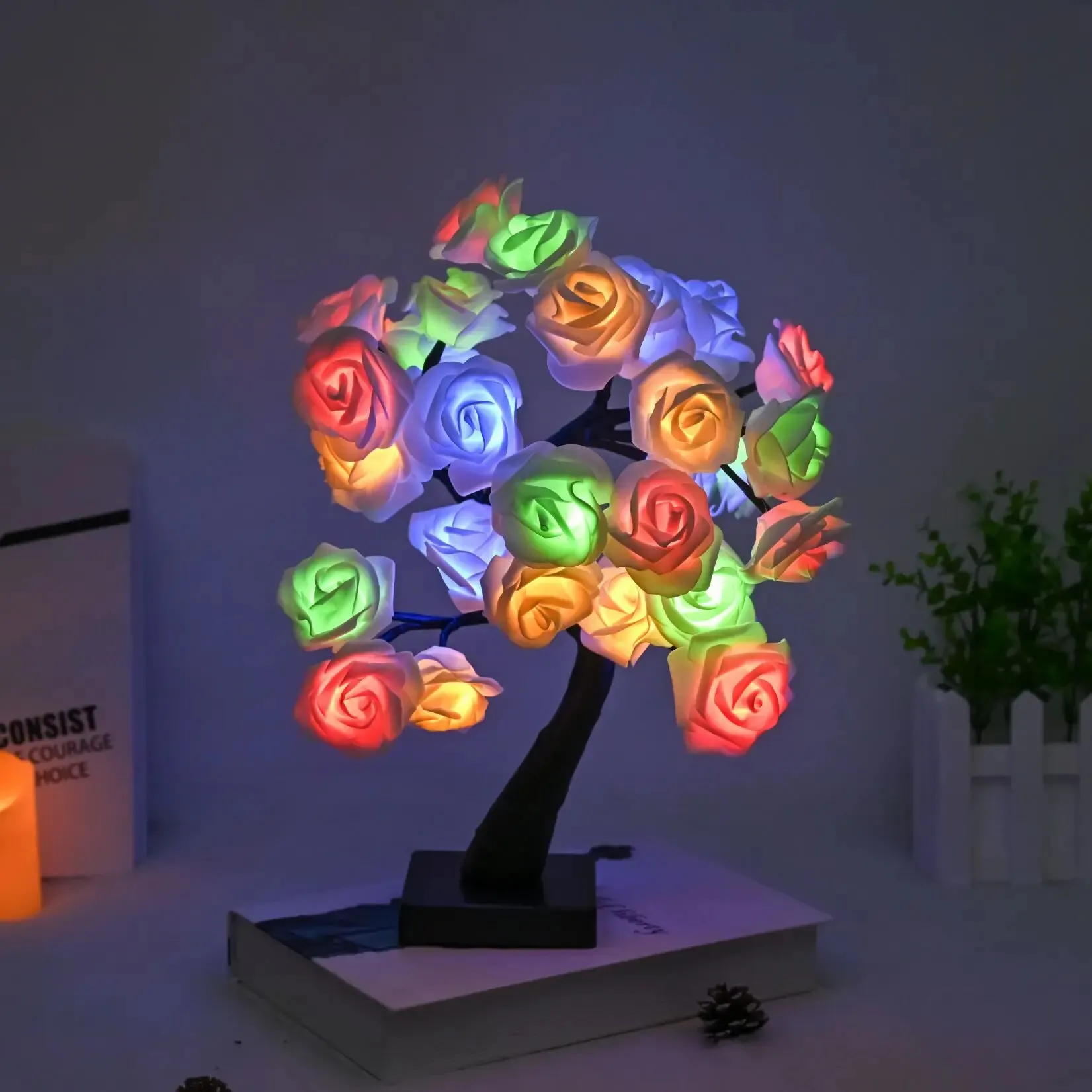 Valentine\'s Day Decor Rose Flower Tree Lamp, Gift for Girls Woman Teens Home Decor Battery Powered for Bedroom Living Room