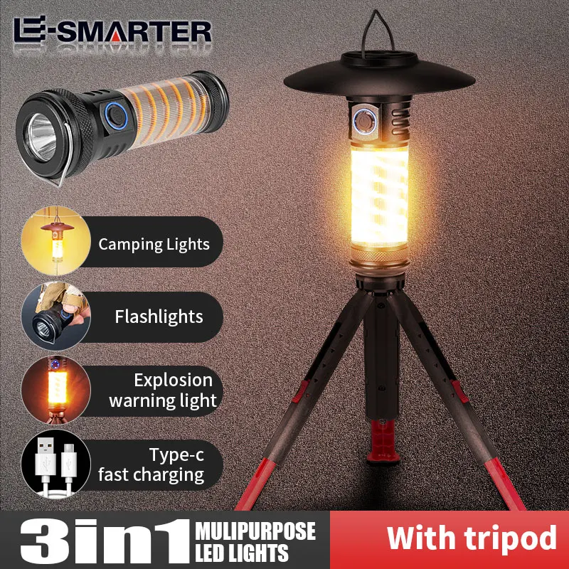 3 em 1 lanterna led ao ar livre tipo c carregamento lâmpada de acampamento ao ar livre à prova dwaterproof água led atmosfera luz 2000mah para pesca exploração