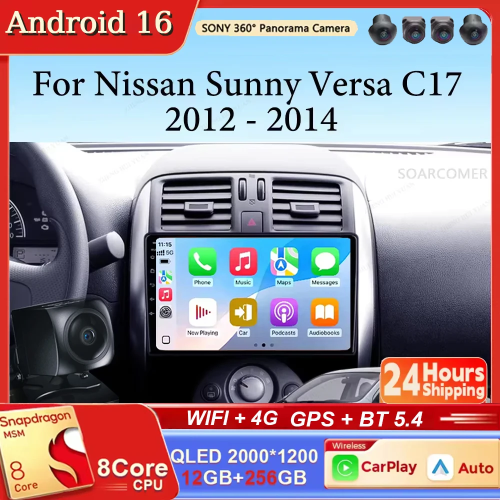 Radio para Auto con Android 16, Carplay y Auto, Navegación, Reproductor Multimedia Estéreo, BT, QLED, GPS, WIFI, 4G, para Nissan Sunny Versa C17 2012-2015