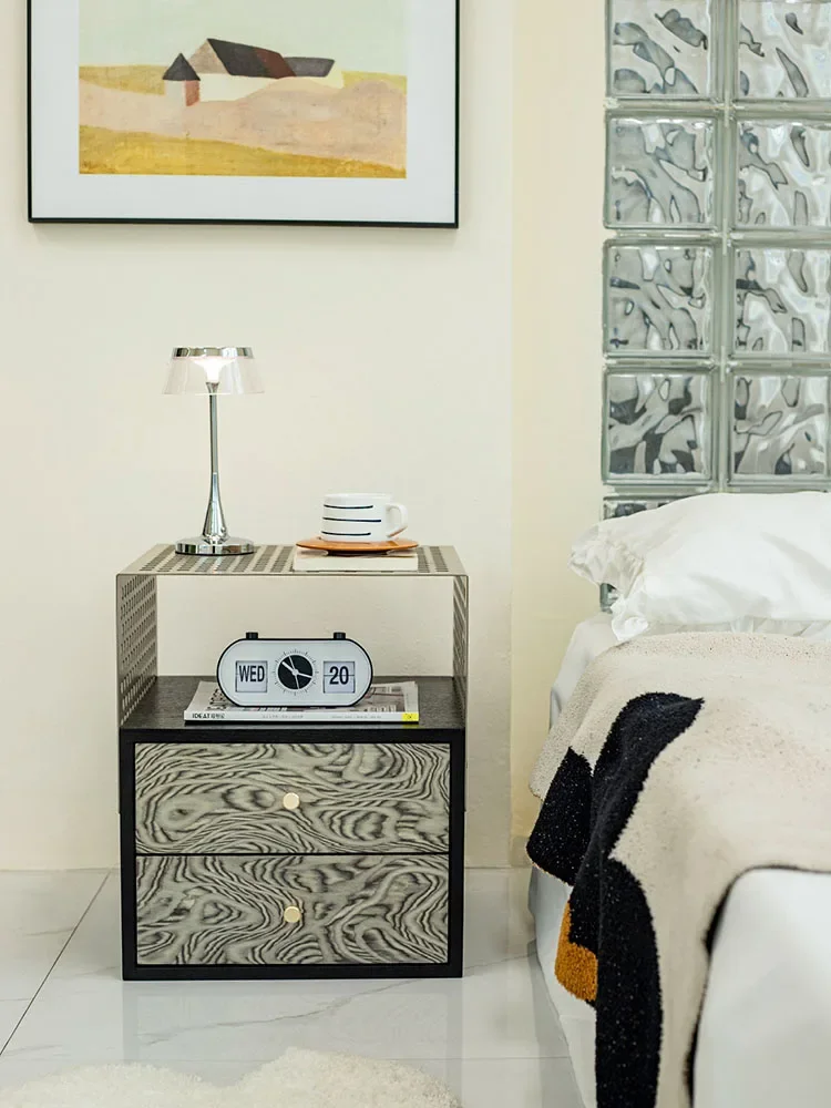 *z# Nightstand Retro Light Luxury Water Corrugated Bedside Table Living Room Side Cabinet Household Bedroom Storage Cabinet