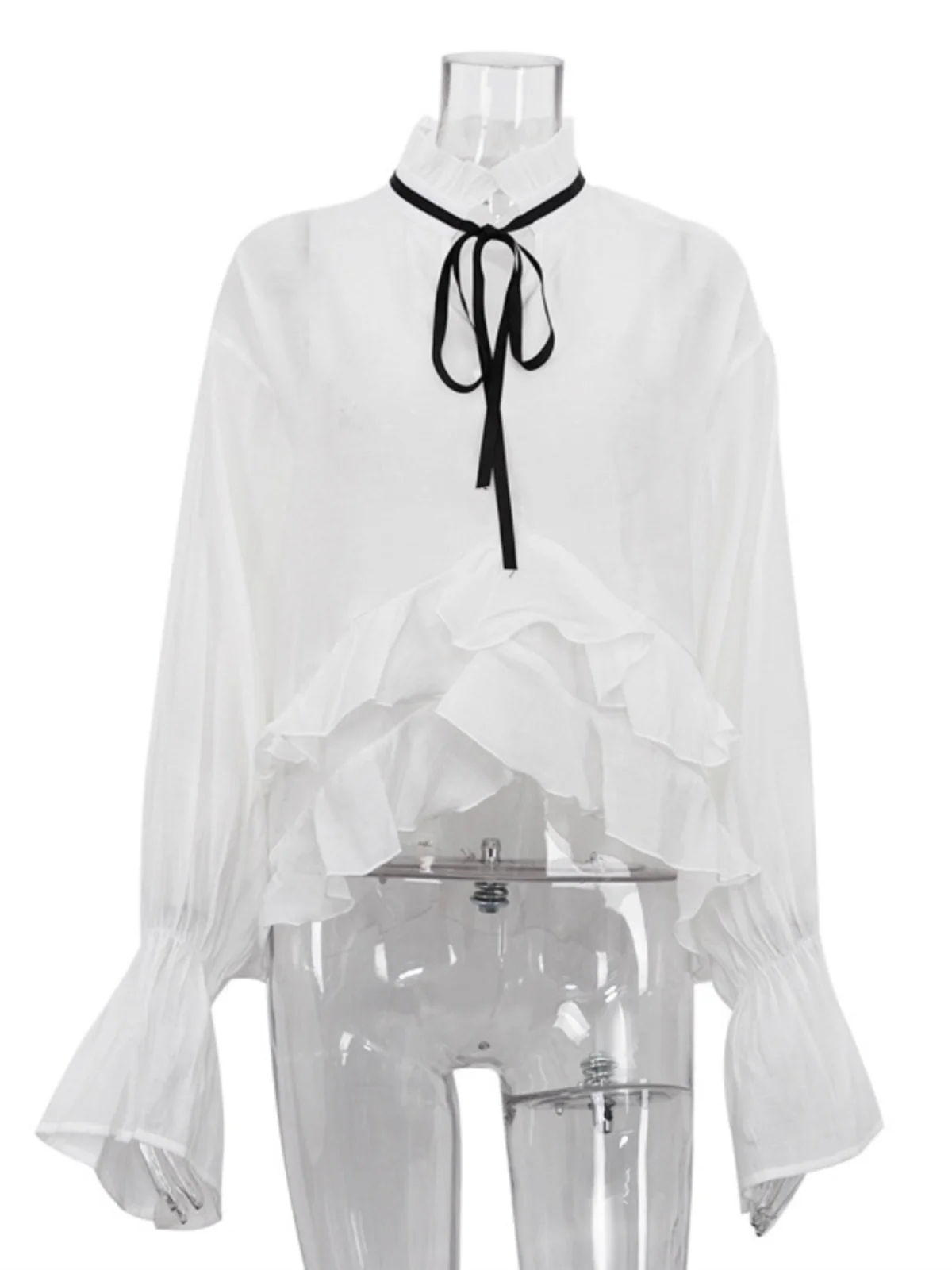 Sexy, doorschijnende blouse met wijde mouwen, Franse stijl, losse pasvorm, lange mouwen, hoge kraag, kleurige T-shirt van acetaatvezel