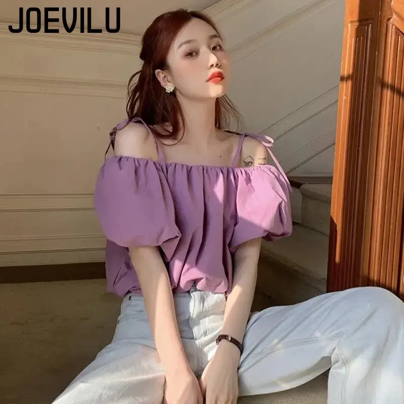 JOEVILU Puff Sleeve Crop Tops Sexy Off Shoulder Backless Blouses Women's Korean Fashion T-shirt Casual Streetwear Purple Shirts