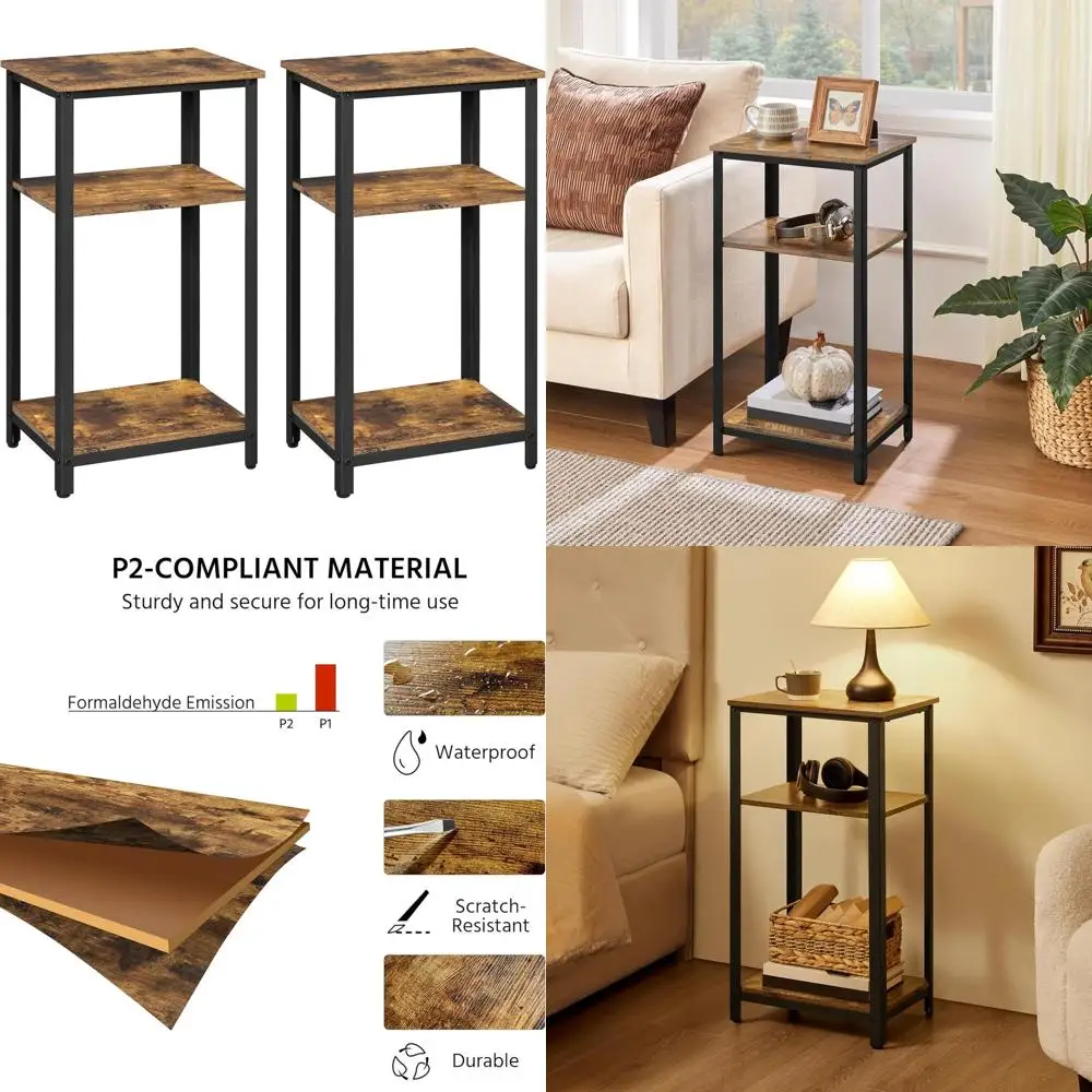 

Набор из 2-х приставных столиков в индустриальном стиле, 3-ярусные, 16x12x29,5 дюймов, с отделкой под состаренный коричневый цвет, для небольших помещений