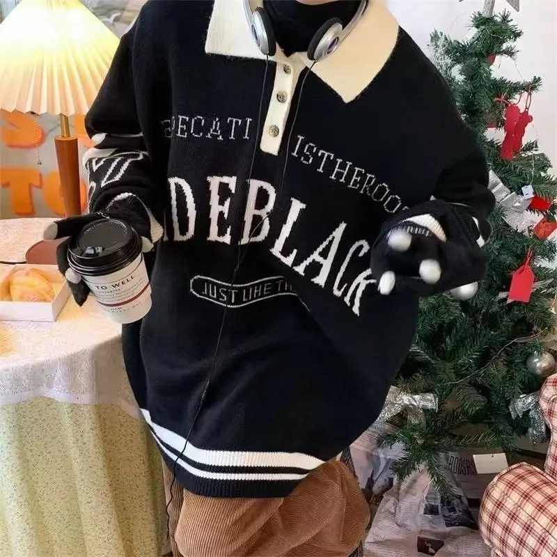 

Loose American Retro Ne Knitwear for plus Size Men And Women Color Blo Letter Print Autumn Winter Casual Sweater