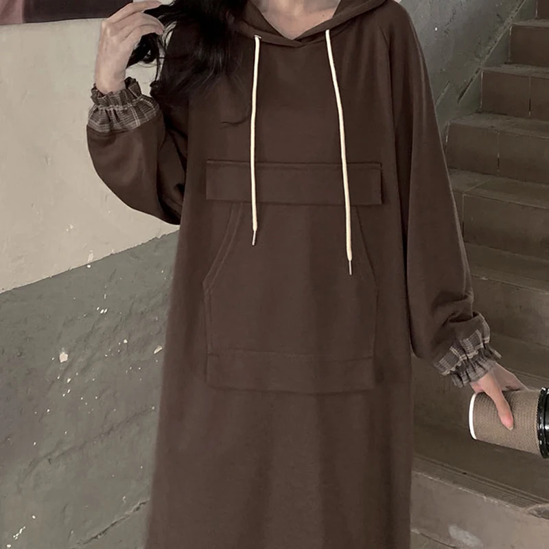 Casual Long T-shirt Dresses For Women 2023 Female Large Size 4XL Autumn Winter Vintage Loose Brown Hooded Cotton Party Vestidos