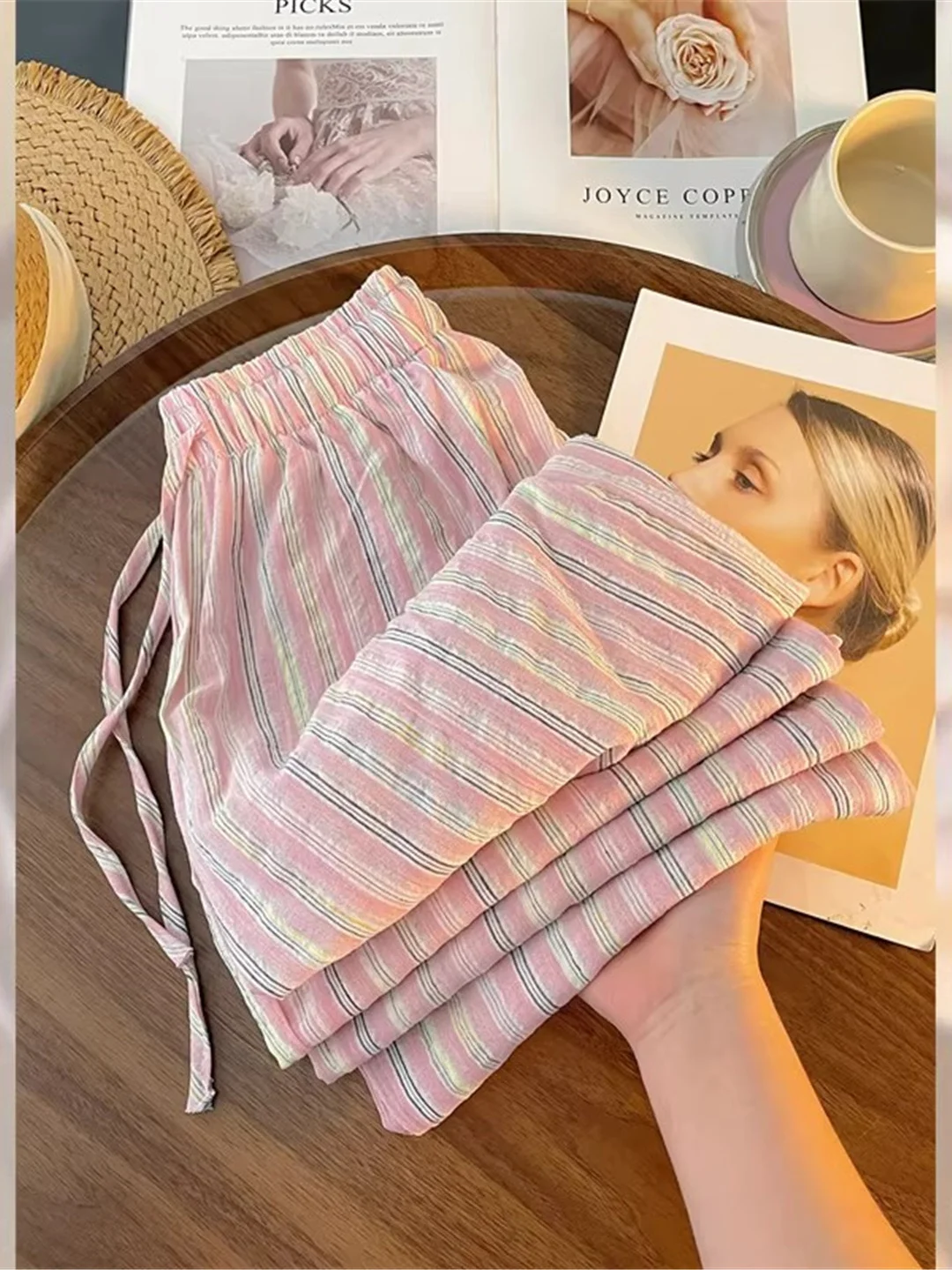 

High Waist Wide Leg Pants Women's High-End Vertical Stripes Elastic Waist Cotton Japanese Style Summer Casual Pants