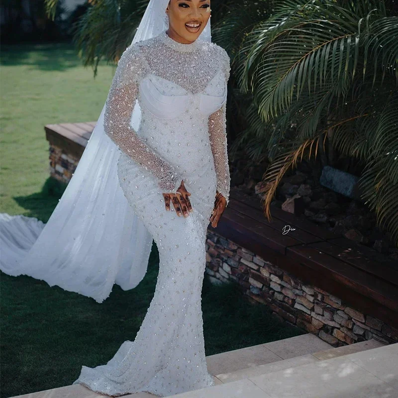 تخصيص كامل بلورات الخرز حورية البحر فستان الزفاف Vestidos De Novia الوهم طويلة الأكمام حديقة أثواب الزفاف الأفريقية