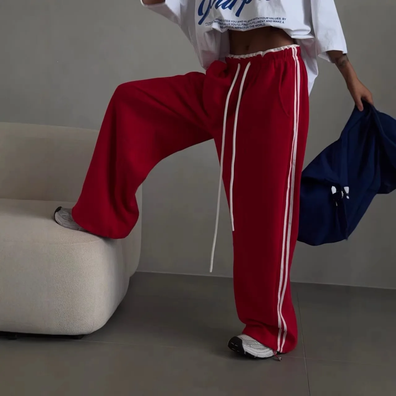2026 Autumn New Side Striped High Waist Straight Mopping Pants Women's Retro Sports Style Loose Temperament Casual Pants