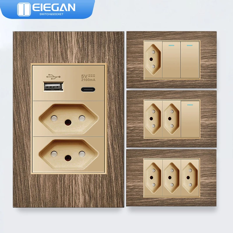 

ELEGAN Gold Brazil Wood Grain Panel Standard Outlet Double USB Type C 20W Wall Power Socket Light Switch Office 118*72mm10A 20A