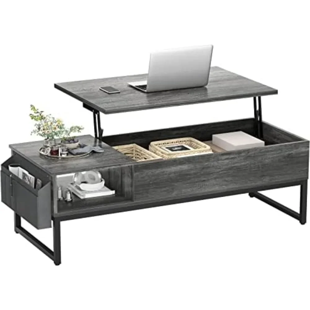 Lift Top Coffee Table with Storage, Wood Lifting Top Central Table Metal Frame, 43.3" Table with Side Pouch for Cocktail