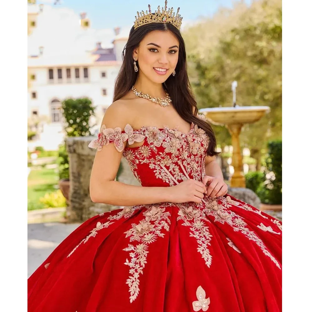 ANGELSBRIDEP Red 3D Flowers Quinceanera Dresses For Sweet 15 Girls Princess Ball Gown Appliques Graduation Prom Formal Dresses